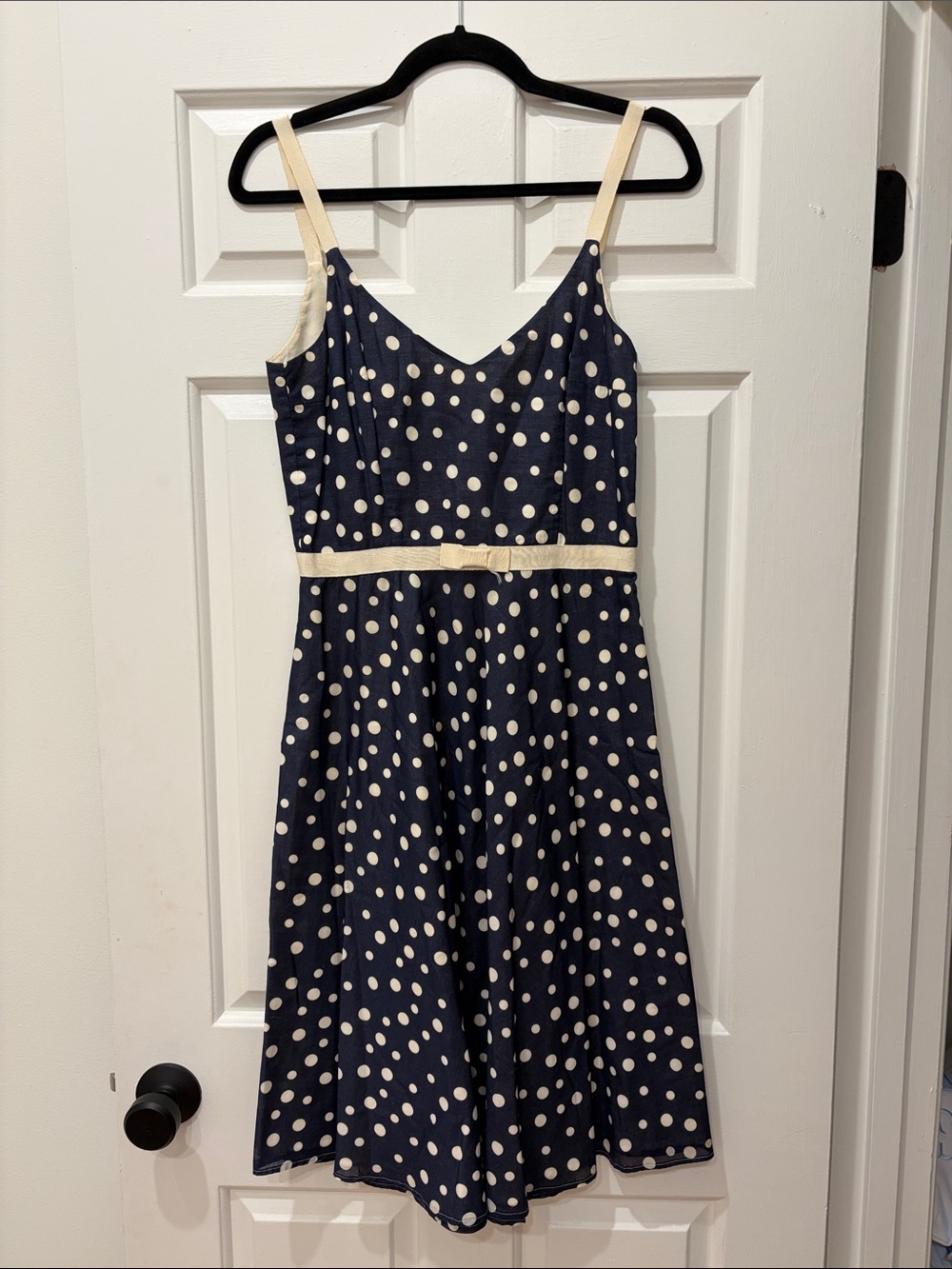 Searle Navy Polka Dot Midi Dress with Cream Trim